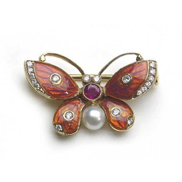 Dark Pink Enamel Butterfly Brooch with Diamonds, Ruby and Pearl; with a cultured pearl for the abdomen, a faceted ruby for the thorax, and round brilliant-cut diamonds for the eyes and wing centres and edges. Mounted in gold