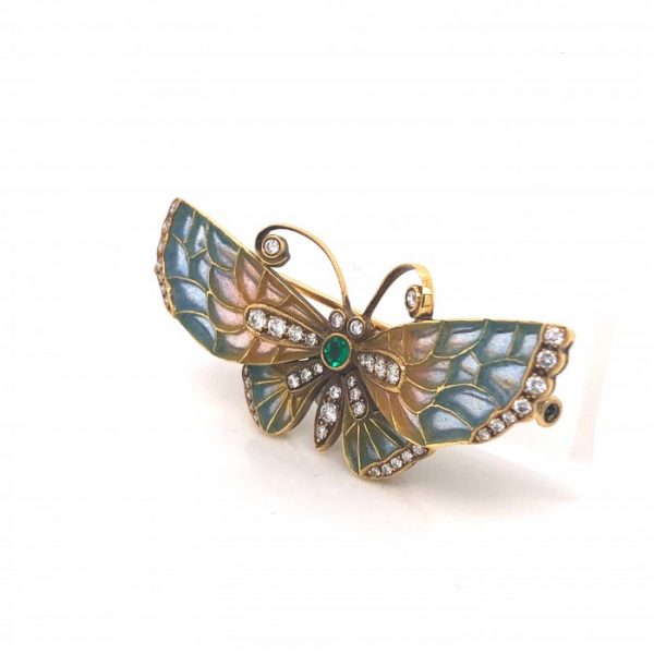 Blue and Pink Enamel Butterfly Brooch with Diamonds and Emerald