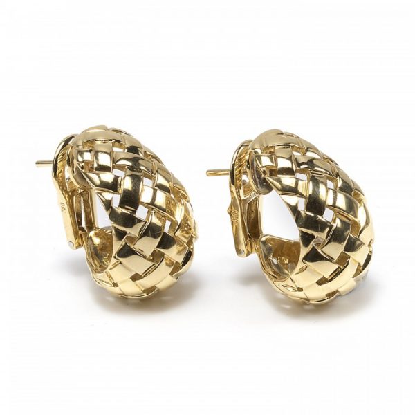 Tiffany and Co Vannerie 18ct Yellow Gold Earrings; pair of vintage Tiffany & Co. gold "Vannerie" earrings, domed lattice design, with post and clip fittings. Stamped T & Co., 1989