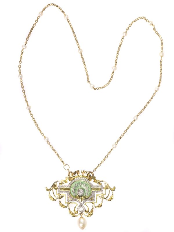Antique Belle Epoque Rose Cut Diamond and Enamel Pendant Brooch on Chain