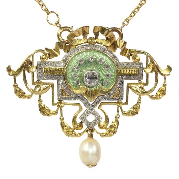 Antique Belle Epoque Rose Cut Diamond and Enamel Pendant Brooch on Chain