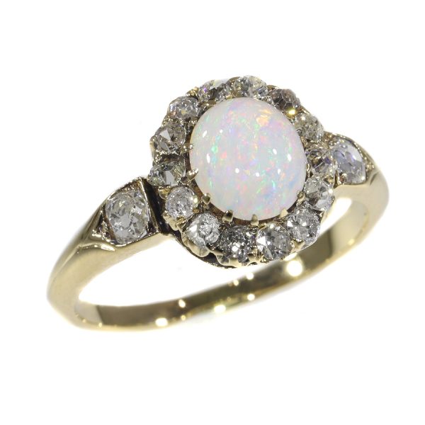 Antique Victorian Cabochon Opal and Diamond Cluster Ring