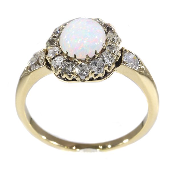 Antique Victorian Cabochon Opal and Diamond Cluster Ring