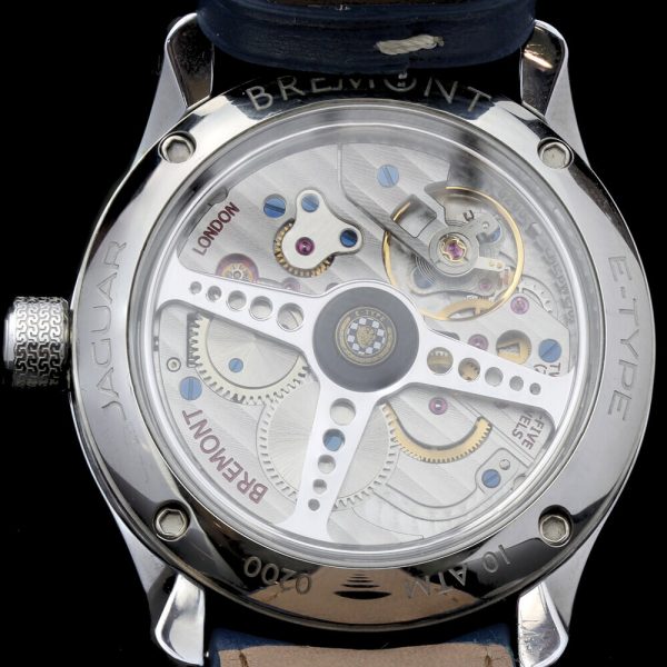 Bremont Jaguar MKI Stainless Steel Chronometer Wristwatch, with a black dial and blue leather strap, exhibition back