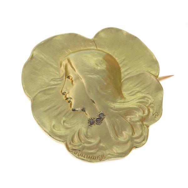 Antique Art Nouveau Lady's Head Brooch Signed Rasumny