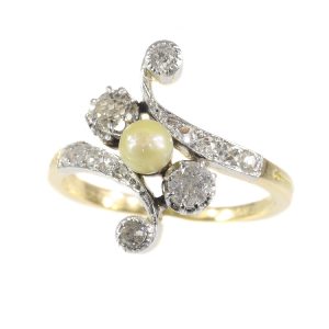 antique Belle Epoque diamond and pearl crossover ring