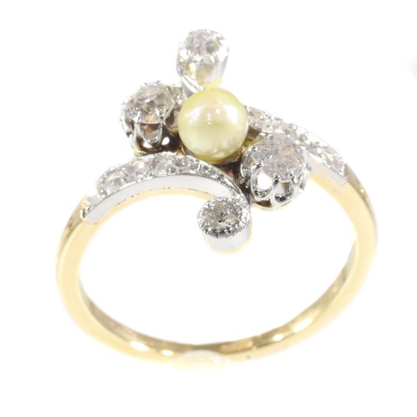 antique Belle Epoque diamond and pearl crossover ring