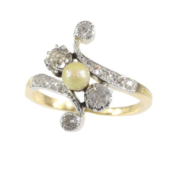 antique Belle Epoque diamond and pearl crossover ring