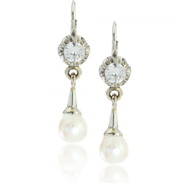 Vintage Pearl and Diamond Drop Earrings; set with freshwater cultured pearls and 0.50cts diamonds mounted in 18ct White Gold, Circa 1950s