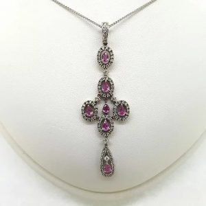 Pink Sapphire and Diamond Cluster Drop Pendant Necklace