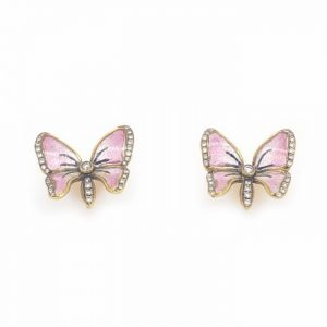 Pink Enamel and Diamond Butterfly Earrings; pink plique à jour enamel wings with black veins, round brilliant-cut diamond accents, in 18ct yellow gold