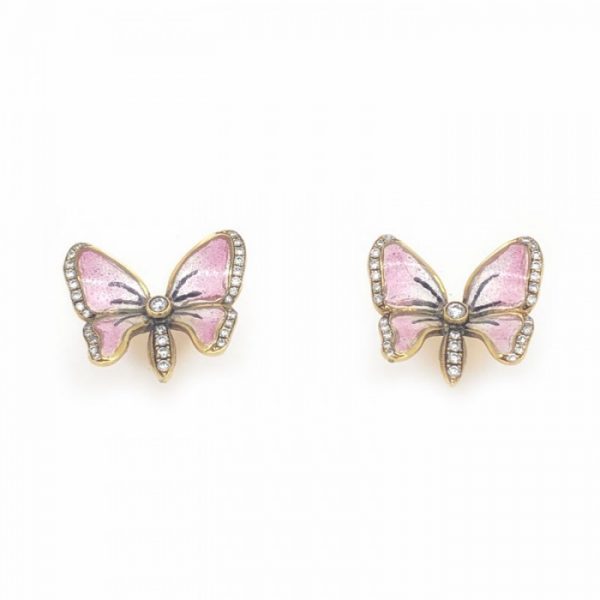 Pink Enamel and Diamond Butterfly Earrings; pink plique à jour enamel wings with black veins, round brilliant-cut diamond accents, in 18ct yellow gold