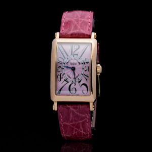 Franck Muller 900 QZ Long Island 18ct Rose Gold Watch, pink dial with Arabic hour markers, on a pink crocodile strap. Engraved Master of Complications, No 42