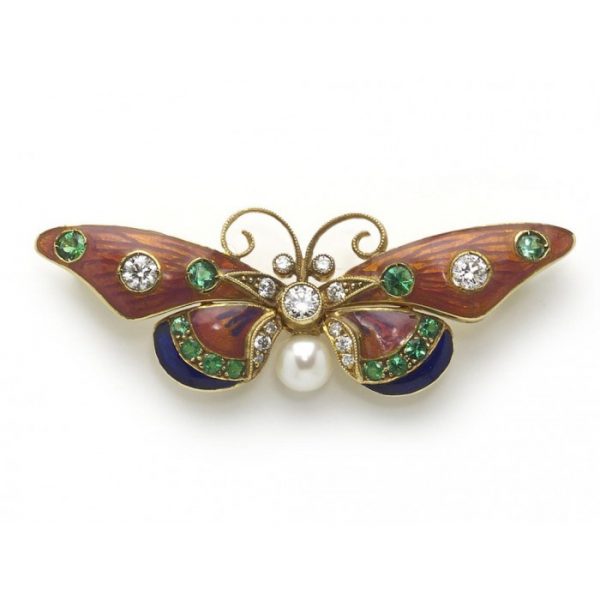Pink and Blue Enamel Butterfly Brooch with Diamonds, Emeralds and Pearl; pink and blue guilloche enamel butterfly brooch set with 0.34cts round brilliant-cut diamonds, 0.34cts emeralds and a pearl. Mounted in gold