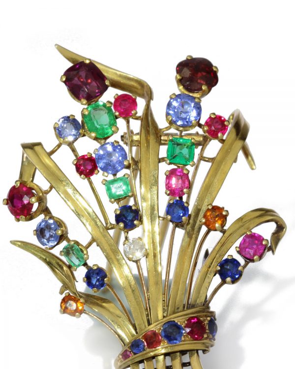 Vintage French Tutti Frutti Multi Gemstone Spray Brooch in 18ct Yellow Gold; set with sapphires, emeralds, rubies, diamonds, topaz and garnets, Circa 1950-1960s