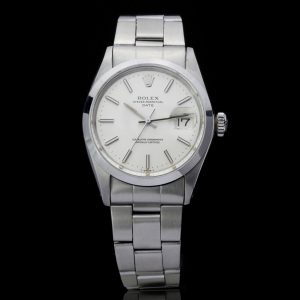 Vintage Rolex Oyster Perpetual Date 1500 Stainless Steel 34mm Automatic Chronometer Watch with smooth bezel, Circa 1980s