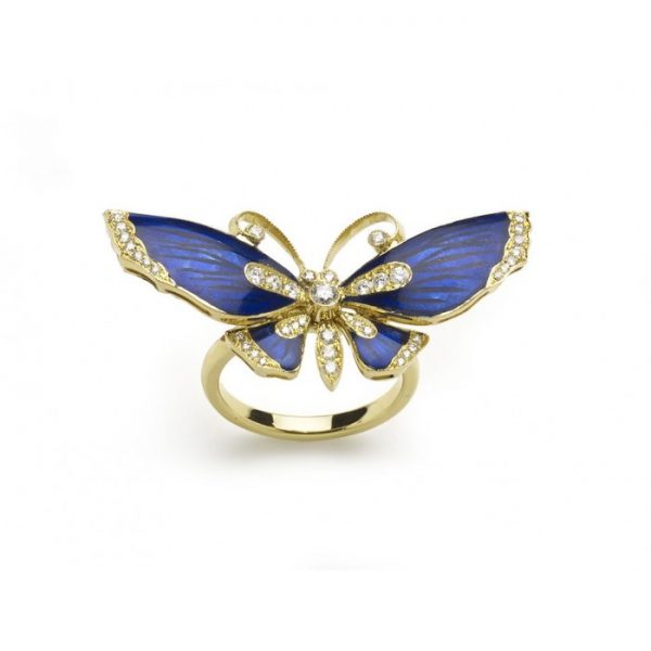 Blue Enamel and Diamond Butterfly Ring; dark blue guilloche enamel butterfly ring, set with 0.39ct of round brilliant-cut diamonds, mounted in gold, with a plain shank