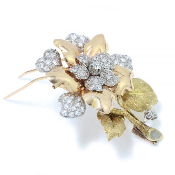 Art Deco Old Cut Diamond Floral Brooch; 2.10 carats