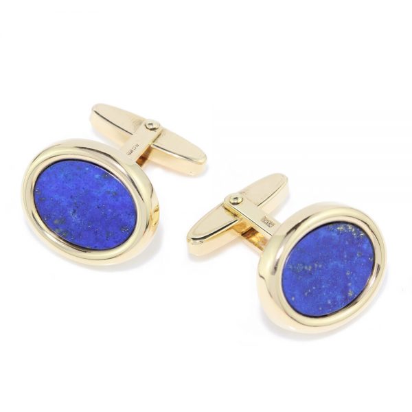 Pair of vintage Mappin and Webb Lapis Lazuli and 18ct Yellow Gold Oval Cufflinks in Original Cartier Box, Circa 1978