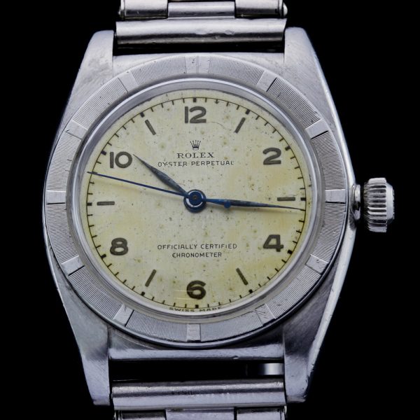 Rare Vintage Rolex Oyster Perpetual Bubbleback 3372 Automatic Chronometer, mvt 96595, case 114827, silvered dial with batons and Arabic numerals, on steel bracelet strap, Circa 1938