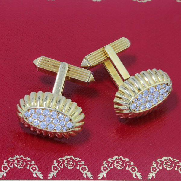 Pair of vintage Cartier 18ct Yellow Gold Oval Cufflinks set with 0.76cts Diamonds, in Original Cartier Box. Made in London by Jacques Cartier, Circa 1977