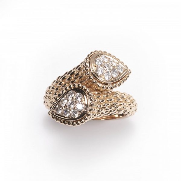 Boucheron Serpent Boheme Diamond Ring; formed of two pear-shaped sections pavé set with sixteen round brilliant-cut diamonds, 0.65cts, in a cross-over design, scale-like detailing to 18ct rose gold shank. Signed and Numbered