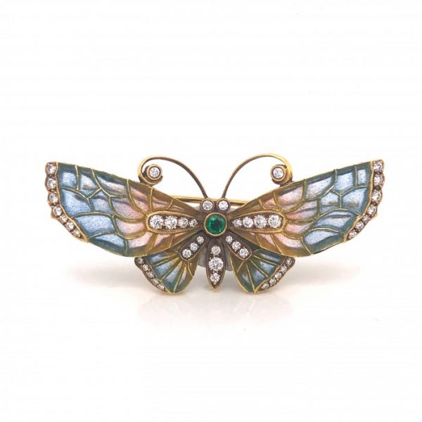 Blue and Pink Enamel Butterfly Brooch with Diamonds and Emerald; blue-pink plique-a-jour enamel butterfly brooch with 0.14ct emerald to the thorax and 0.84cts brilliant-cut diamonds to the eyes, antennae, abdomen and wings