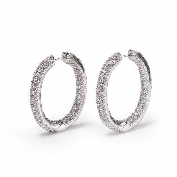 Diamond Oval Hoop Earrings; pavé set with two hundred and sixteen round brilliant-cut diamonds, 7.60 carat total, in 18ct white gold