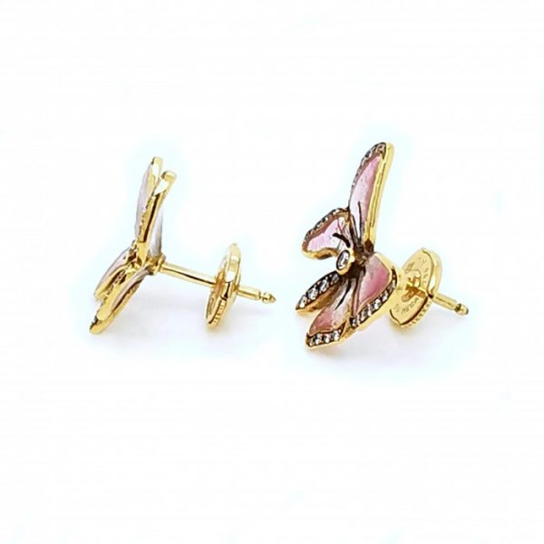 Pink Enamel and Diamond Butterfly Earrings in 18ct yellow gold