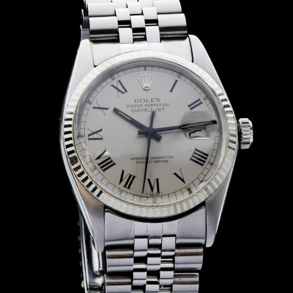 Vintage Rolex Datejust 16014 Automatic Steel Wristwatch with Buckley Dial, large Roman numerals and quick set date. Circa 1970s