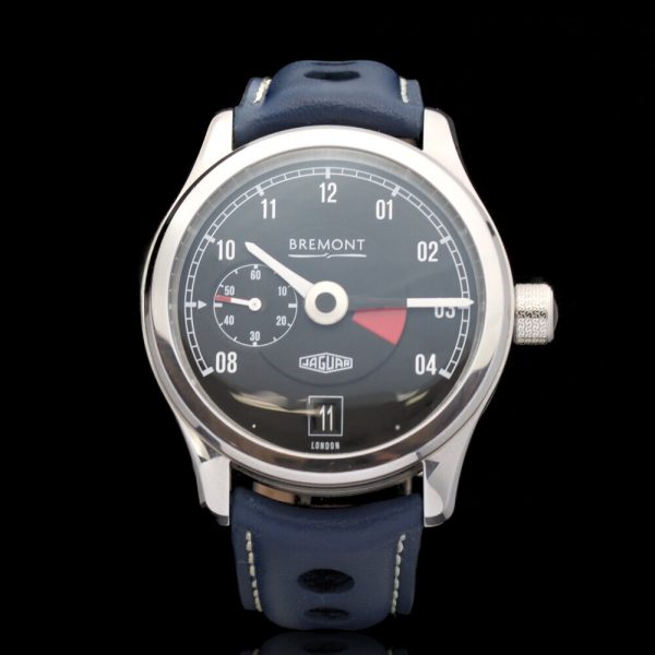 Bremont Jaguar MKI Stainless Steel Chronometer Wristwatch, with a black dial and blue leather strap, Self winding automatic C.O.S.C.