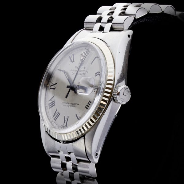 Vintage Rolex Datejust 16014 Automatic Steel Wristwatch with Buckley Dial, large Roman numerals and quick set date. Circa 1970s