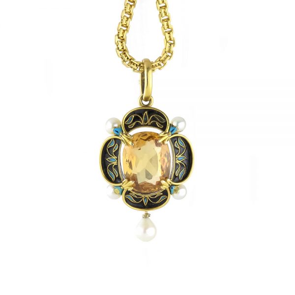 Antique Victorian Citrine, Enamel and Pearl Pendant; cushion-cut citrine with enamel decorated surround with pearl accents, in 15ct gold, Circa 1870s