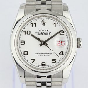 Rolex Oyster Perpetual Datejust 36mm Stainless Steel 116200 with Roulette Date, white dial with Arabic numerals, stainless steel Jubilee bracelet with Crownclasp, with Rolex papers, Circa 2009