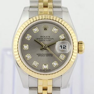 Rolex Lady Datejust Steel and Gold 179173 Automatic; 26mm case with Rolex factory original diamond dial, on a steel and gold Jubilee bracelet with Crownclasp, with Rolex box and papers, Circa 2011