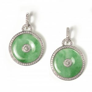 Jade and Diamond Cluster Drop Earrings, circular discs of polished green jade, with diamond centre and diamond surround, 4.50 carat total, in 18ct white gold