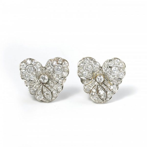 Vintage Old Cut Diamond Cluster Earrings in Platinum; mid 20th century heart shaped earrings set with clusters of round old-cut diamonds, 4.00 carat total, Circa 1940