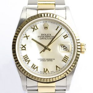 Rolex Oyster Perpetual Datejust 16233 Steel and Gold 36mm Automatic Watch with Original Mother of Pearl Dial, yellow gold fixed bezel, Roman numerals, date indicator, screwdown crown and sapphire crystal, steel and gold Oyster bracelet with fold-over clasp, with Rolex box and papers