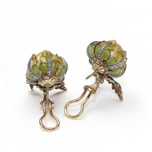 Yellow South Sea Pearl, Enamel and Diamond Flower Earrings; yellow South Sea pearl centres with yellow to green plique à jour enamel petals and eight-cut and old-cut diamond set leaves