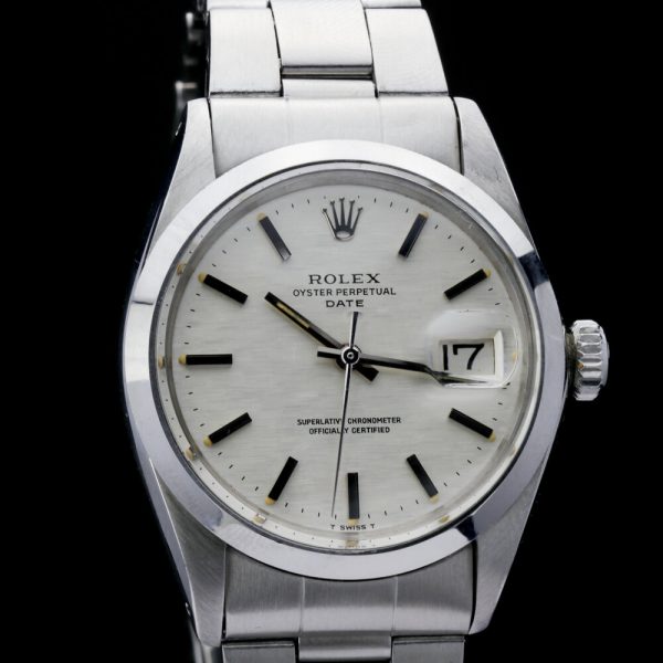 Vintage Rolex Oyster Perpetual Date 1500 Stainless Steel 34mm Automatic Chronometer Watch with smooth bezel, Circa 1980s