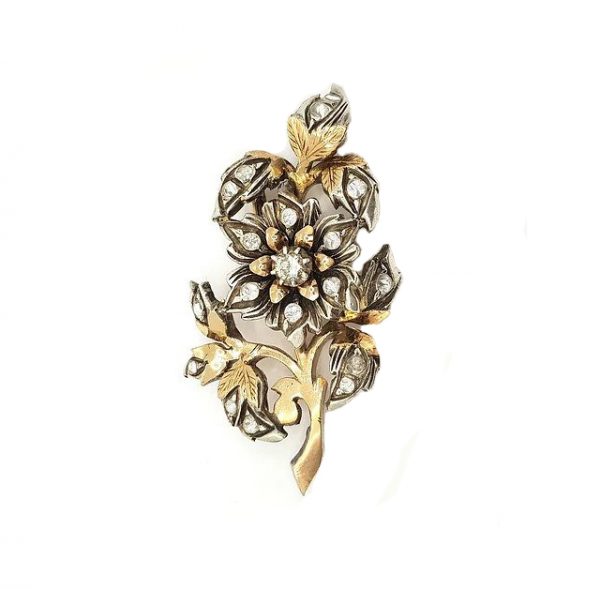 Vintage Diamond Floral Spray Brooch in White and Yellow Gold