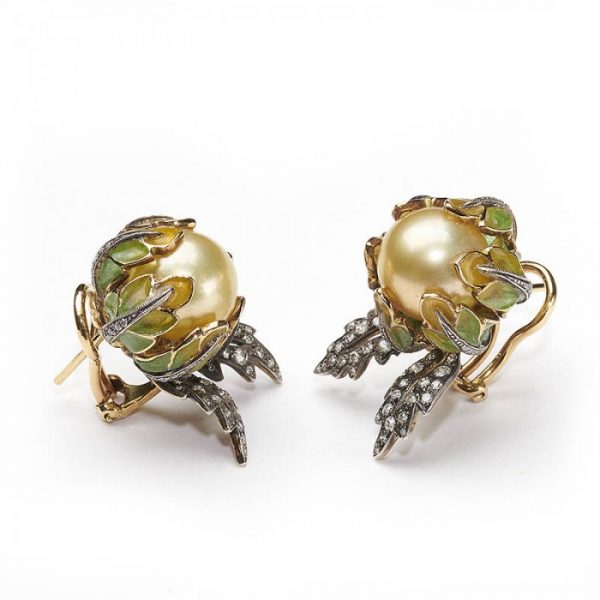 Yellow South Sea Pearl, Plique a Jour Enamel and Old Cut Diamond Flower Earrings
