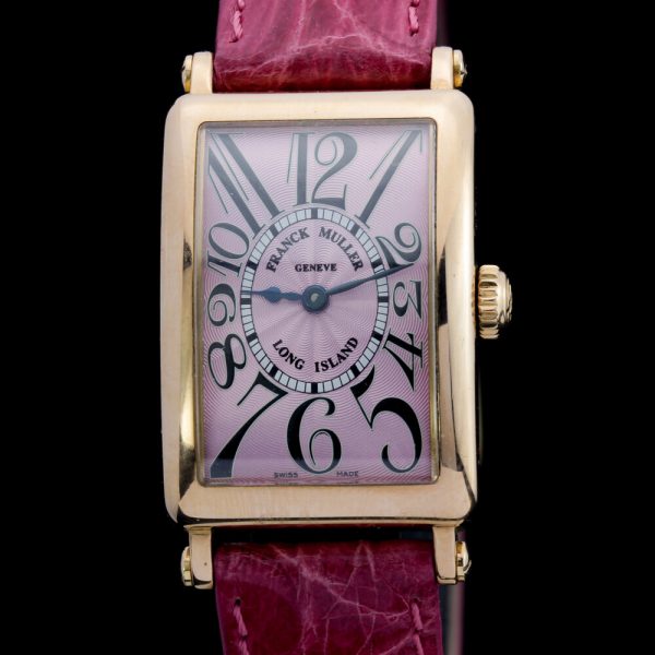 Franck Muller 900 QZ Long Island 18ct Rose Gold Watch, pink dial with Arabic hour markers, on a pink crocodile strap. Engraved Master of Complications, No 42