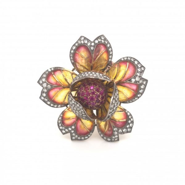 Plique-a-Jour Enamel, Ruby and Diamond Flower Brooch; striking orange to yellow plique-a-jour enamel flower brooch, with a pavé set ruby centre, and diamonds set to the outer petal edges, with a millegrain edge. Mounted in 18ct yellow gold, with a pin and roller catch fitting