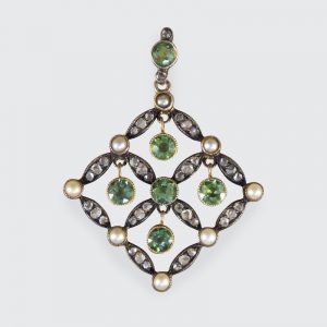 Antique Edwardian Peridot Pearl and Diamond Pendant