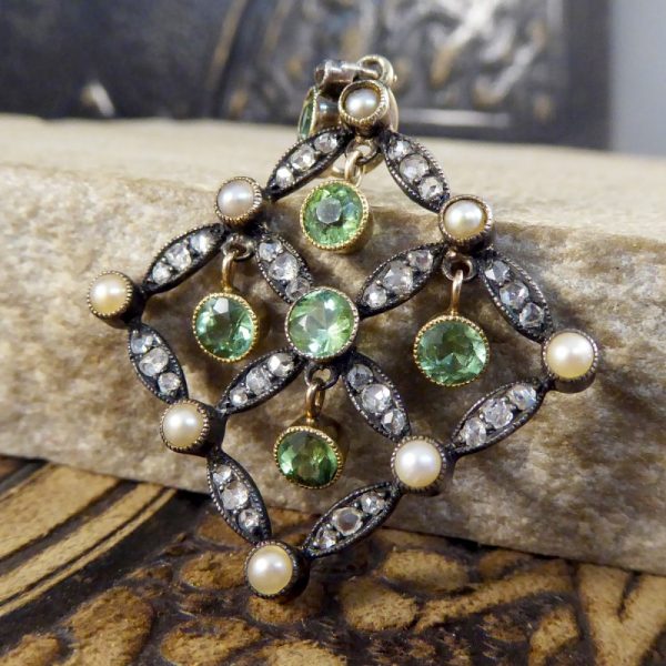 Antique Edwardian Peridot Pearl and Diamond Pendant