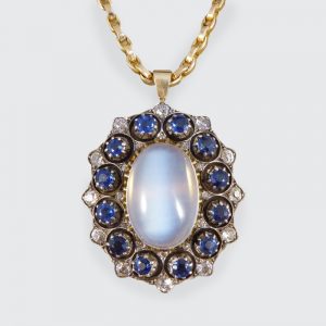 Antique Victorian Moonstone Sapphire & Diamond Pendant Necklace