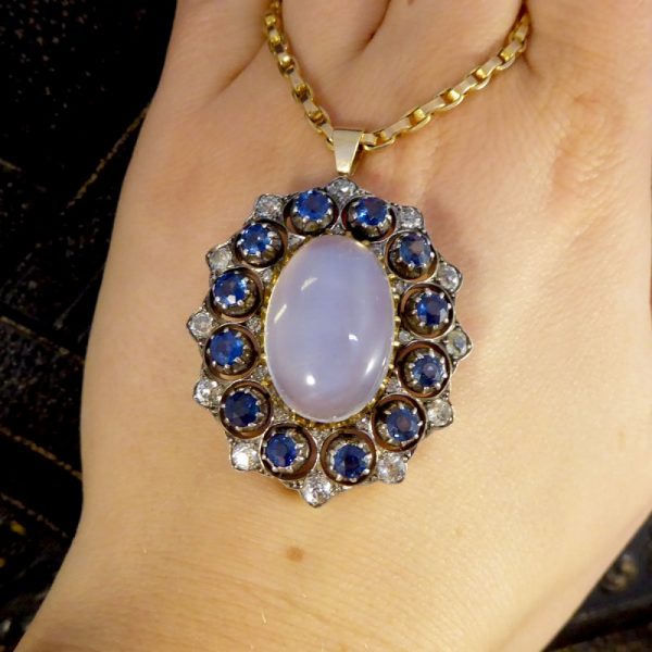 Antique Victorian Moonstone Sapphire & Diamond Pendant Necklace