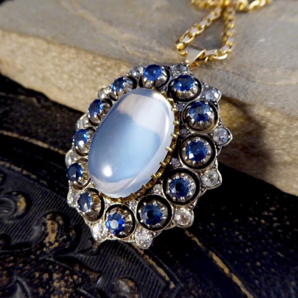 Antique Victorian Moonstone Sapphire & Diamond Pendant Necklace