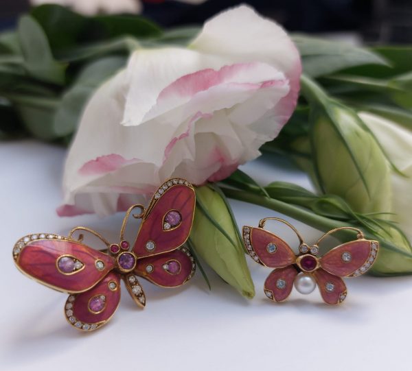 Dark Pink Enamel Butterfly Brooch with Diamonds, Ruby and Pearl